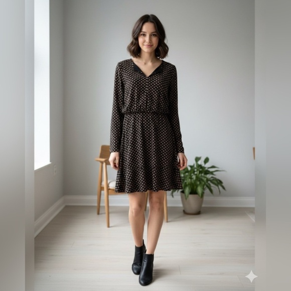 Loft Petites 6 Black Pink Floral Jersey Long Sleeve A-Line Dress P6